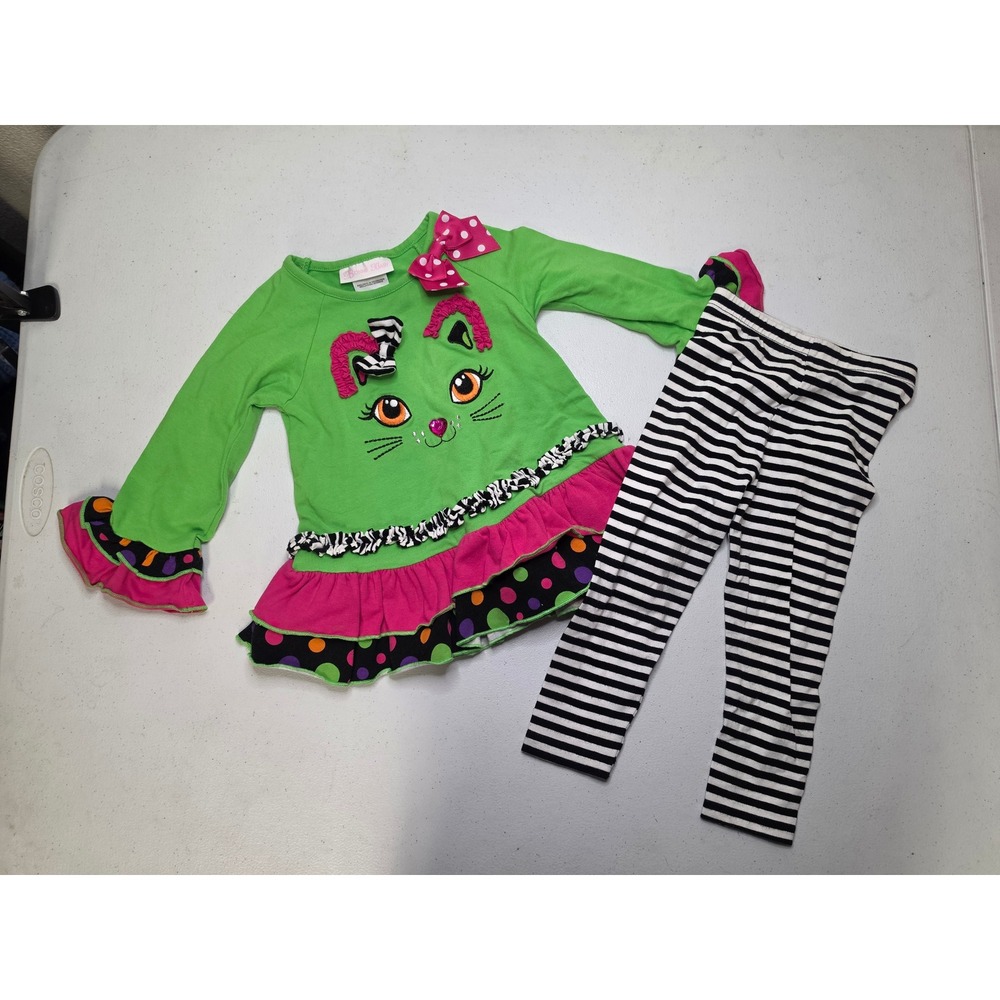 Bonnie Baby Girls 24M Cat Tunic and Striped Leggings Set Green Pink